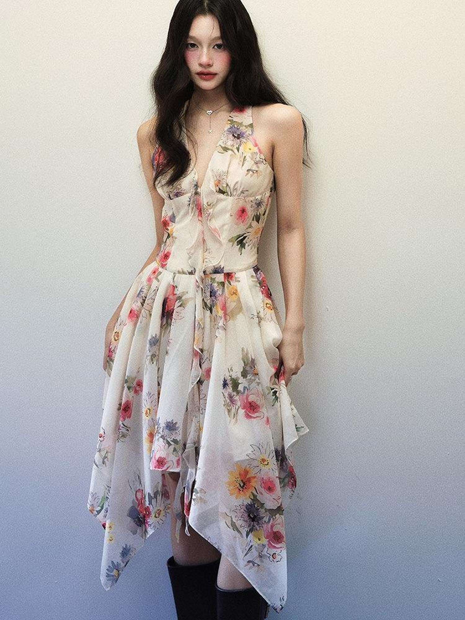 1P STUDIO Watercolor Floral Print Asymmetric V-neck Women&