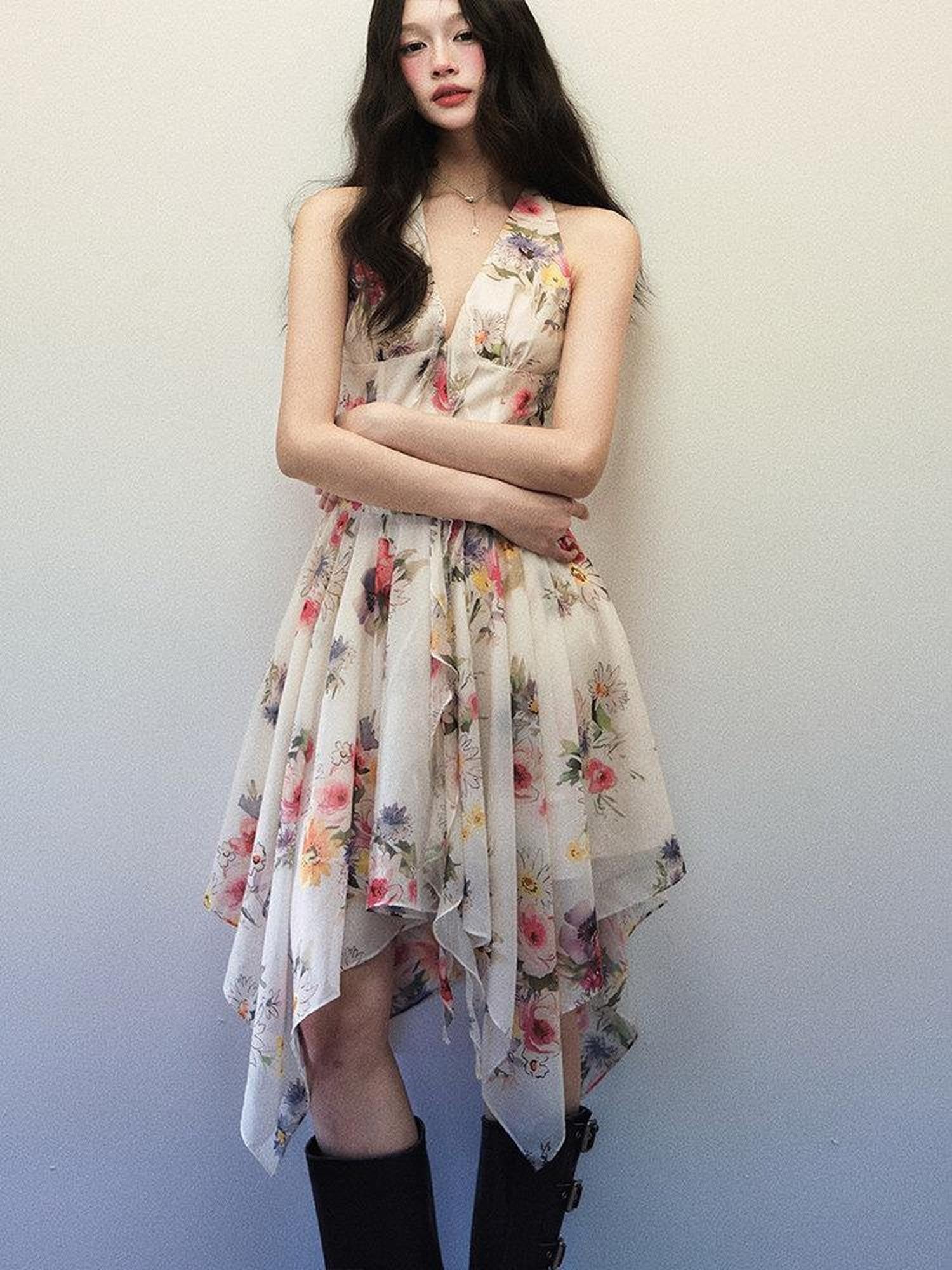 1P STUDIO Watercolor Floral Print Asymmetric V-neck Women&