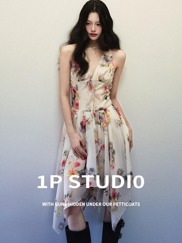 1P STUDIO Watercolor Floral Print Asymmetric V-neck Women&