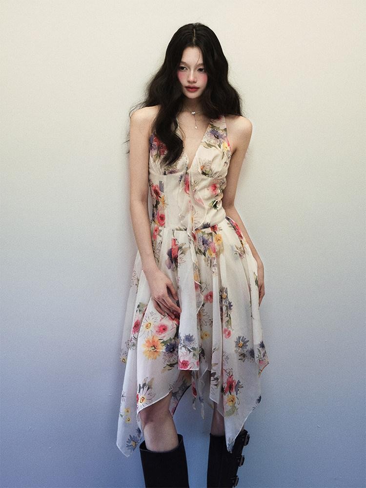 1P STUDIO Watercolor Floral Print Asymmetric V-neck Women&