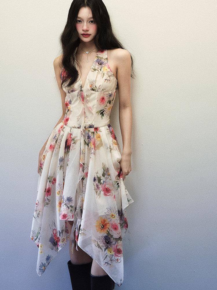 1P STUDIO Watercolor Floral Print Asymmetric V-neck Women&