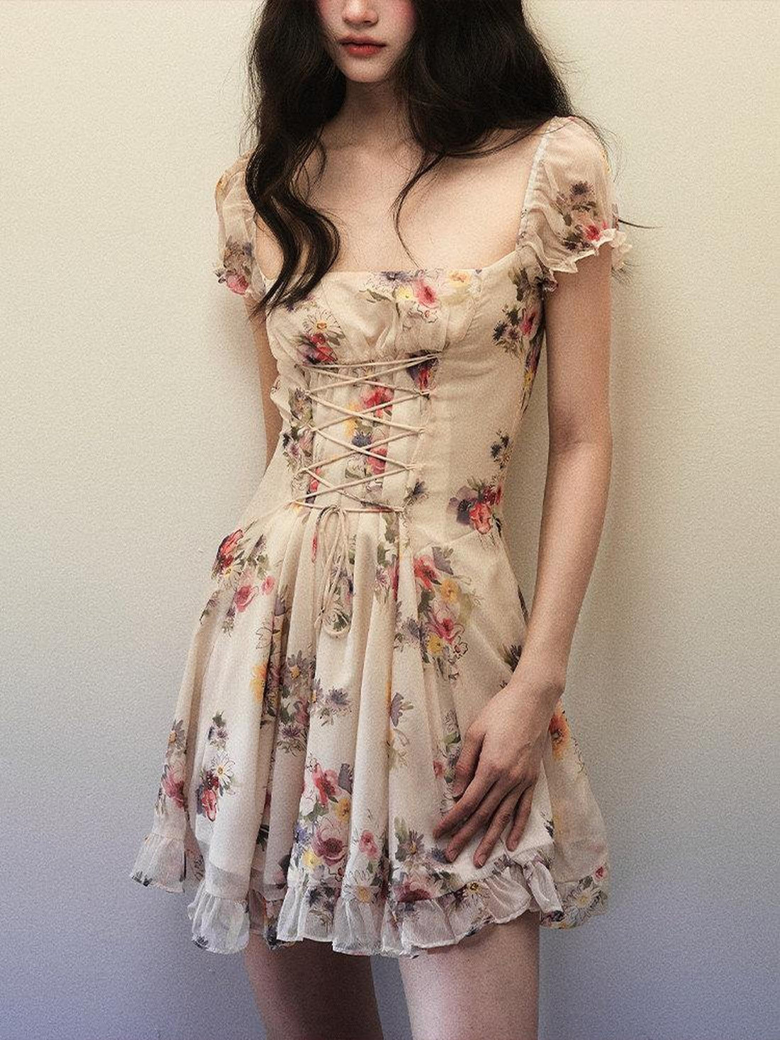 1P STUDIO Watercolor Floral Square Neck Tie Lace Women&