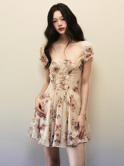 1P STUDIO Watercolor Floral Square Neck Tie Lace Women&