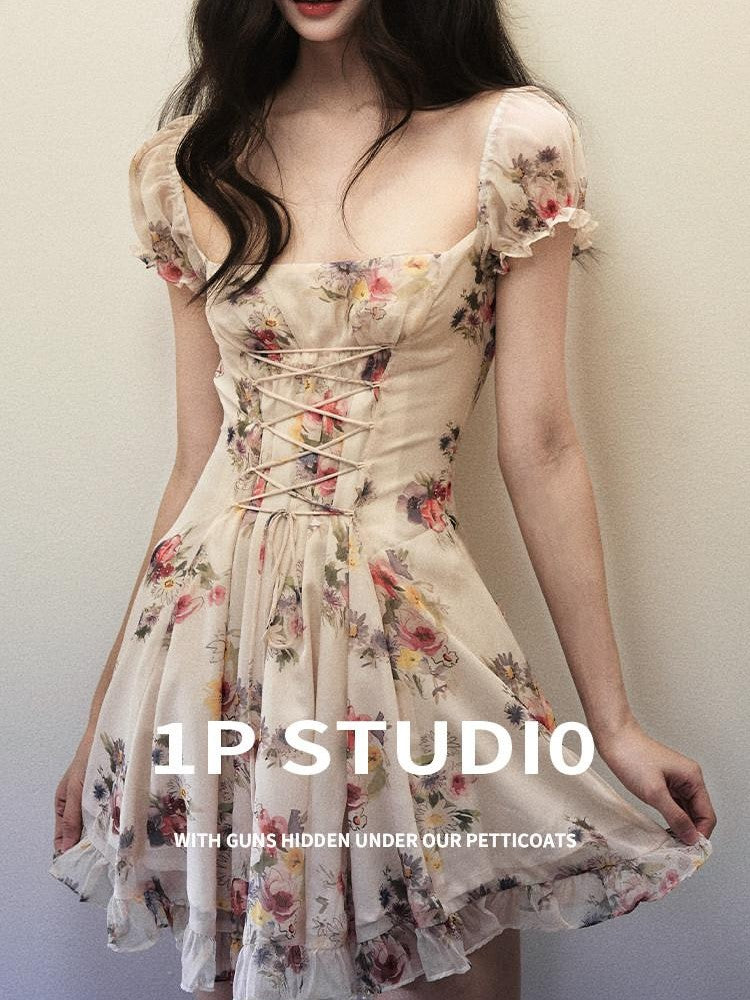 1P STUDIO Watercolor Floral Square Neck Tie Lace Women&