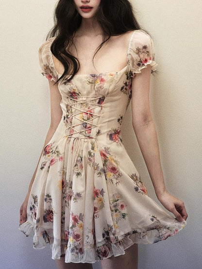 1P STUDIO Watercolor Floral Square Neck Tie Lace Women&