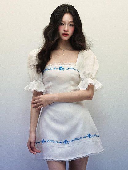1P STUDIO White Blue Embroidered Square Neck Bell Sleeve Women&
