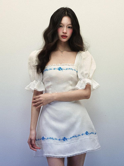 1P STUDIO White Blue Embroidered Square Neck Bell Sleeve Women&