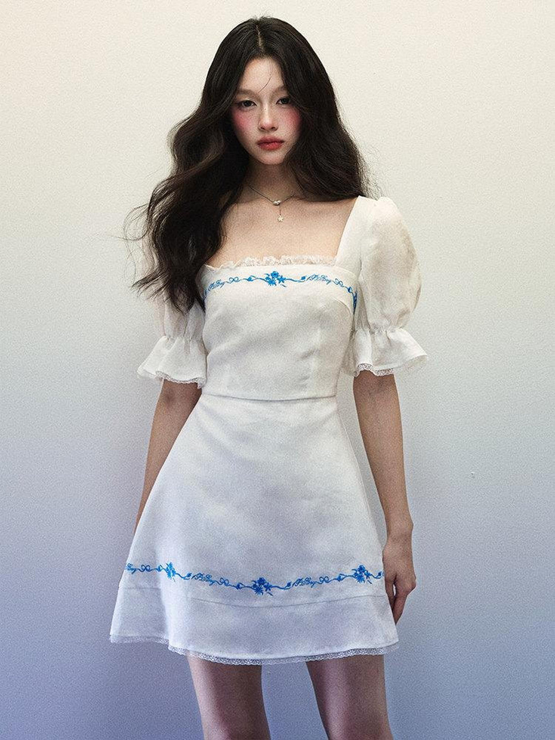 1P STUDIO White Blue Embroidered Square Neck Bell Sleeve Women&