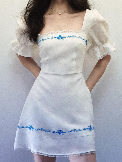 1P STUDIO White Blue Embroidered Square Neck Bell Sleeve Women&