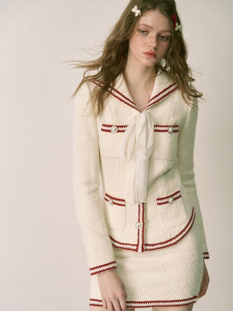 1P STUDIO White Colorblock Boucle Fitted Waist Women&