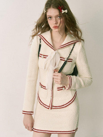 1P STUDIO White Colorblock Boucle Fitted Waist Women&