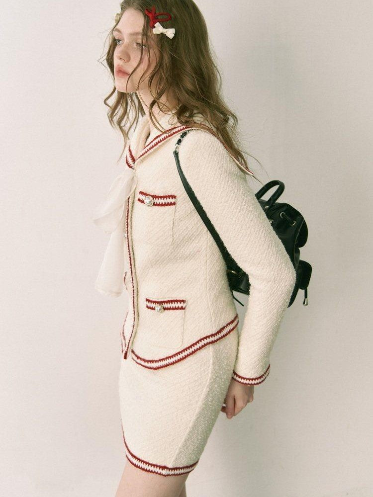 1P STUDIO White Colorblock Boucle Fitted Waist Women&