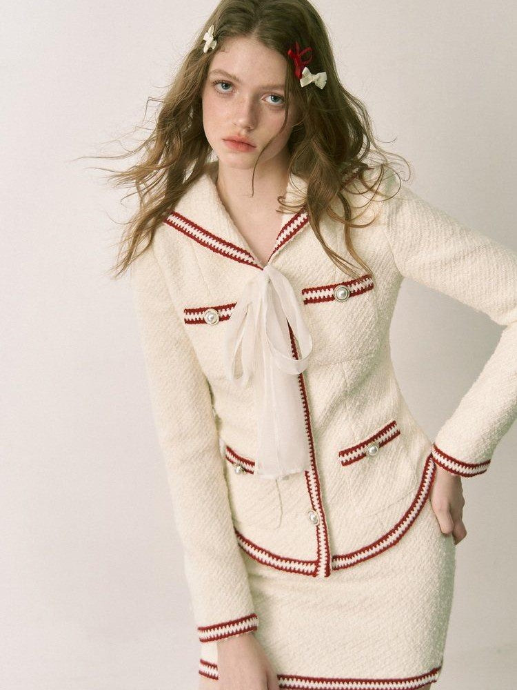 1P STUDIO White Colorblock Boucle Fitted Waist Women&