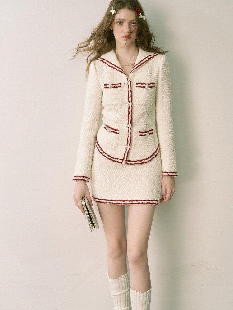1P STUDIO White Colorblock Boucle Fitted Waist Women&