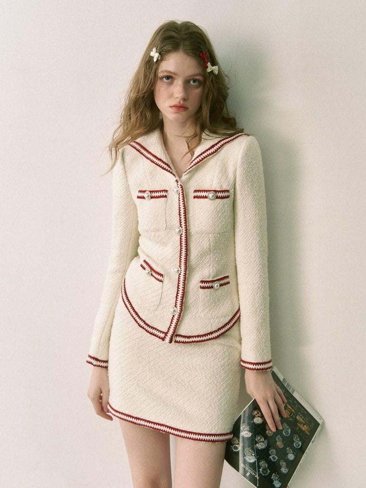 1P STUDIO White Colorblock Boucle Fitted Waist Women&