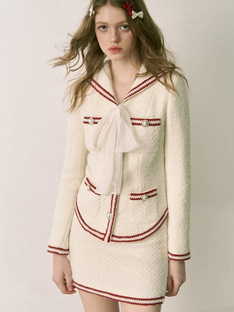 1P STUDIO White Colorblock Boucle Fitted Waist Women&
