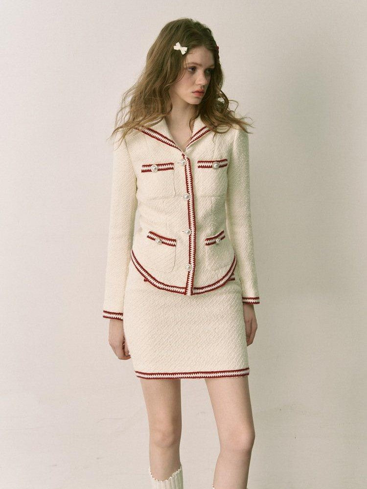 1P STUDIO White Colorblock Boucle Fitted Waist Women&
