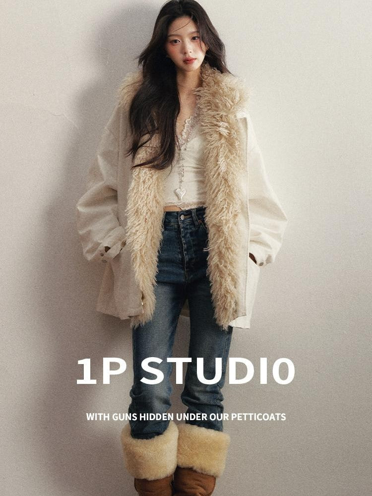 1P STUDIO White Detachable Fur Collar Mid Length Women&