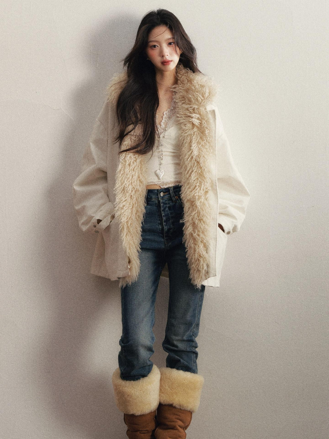 1P STUDIO White Detachable Fur Collar Mid Length Women&