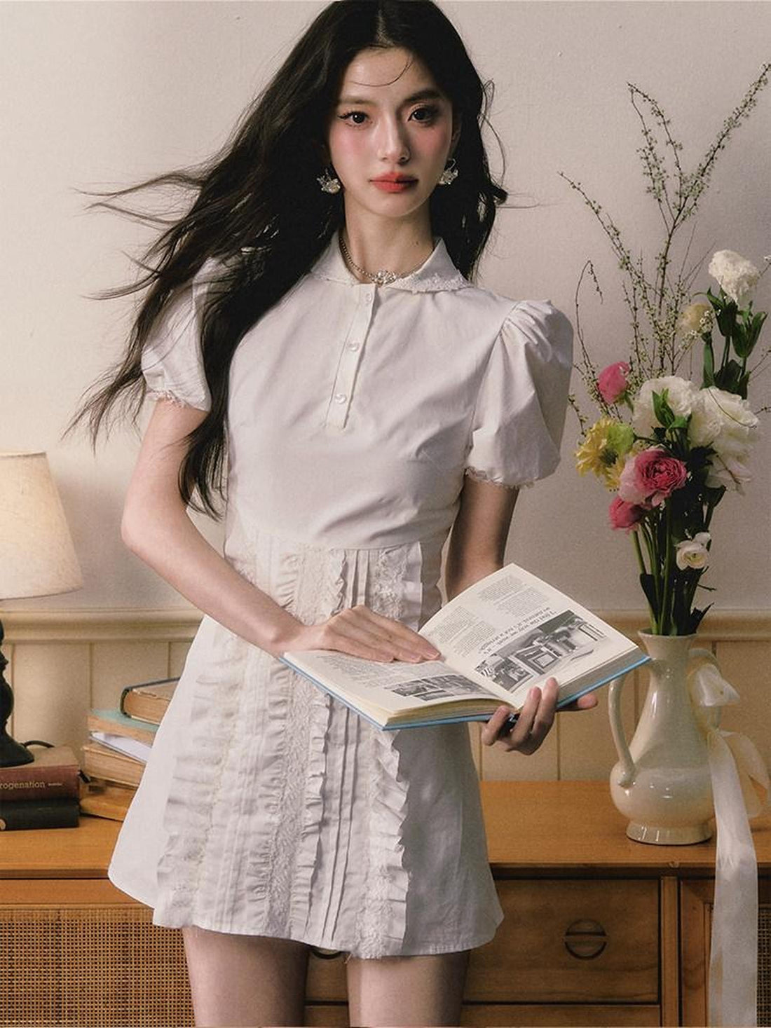 1P STUDIO White Doll Collar Lace Trim Short Sleeve Shirt Women&