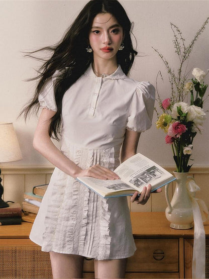 1P STUDIO White Doll Collar Lace Trim Short Sleeve Shirt Women&