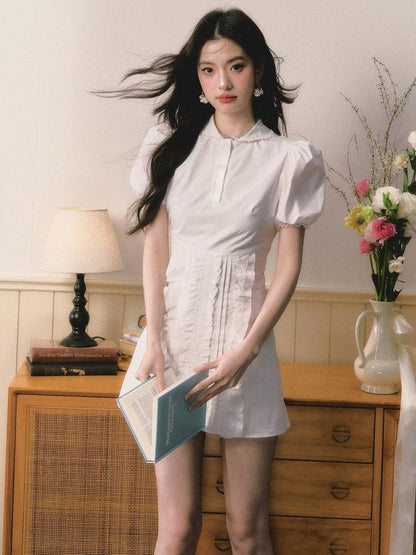 1P STUDIO White Doll Collar Lace Trim Short Sleeve Shirt Women&