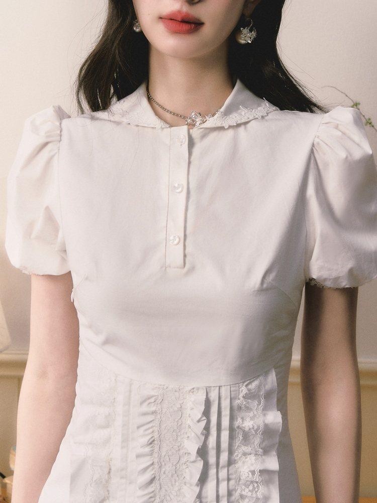 1P STUDIO White Doll Collar Lace Trim Short Sleeve Shirt Women&