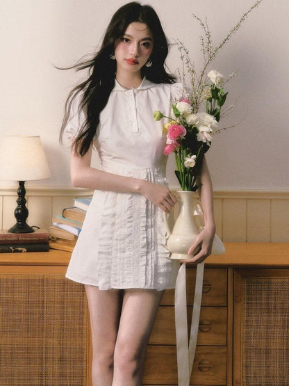 1P STUDIO White Doll Collar Lace Trim Short Sleeve Shirt Women&