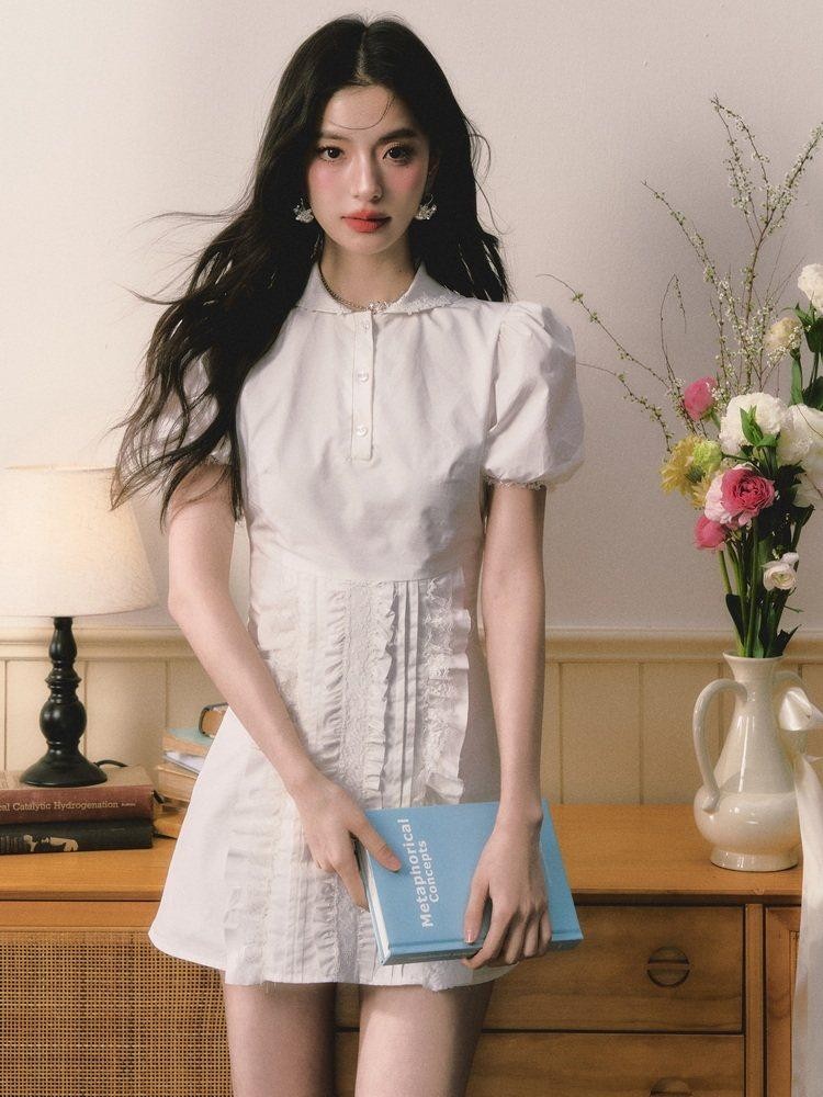 1P STUDIO White Doll Collar Lace Trim Short Sleeve Shirt Women&