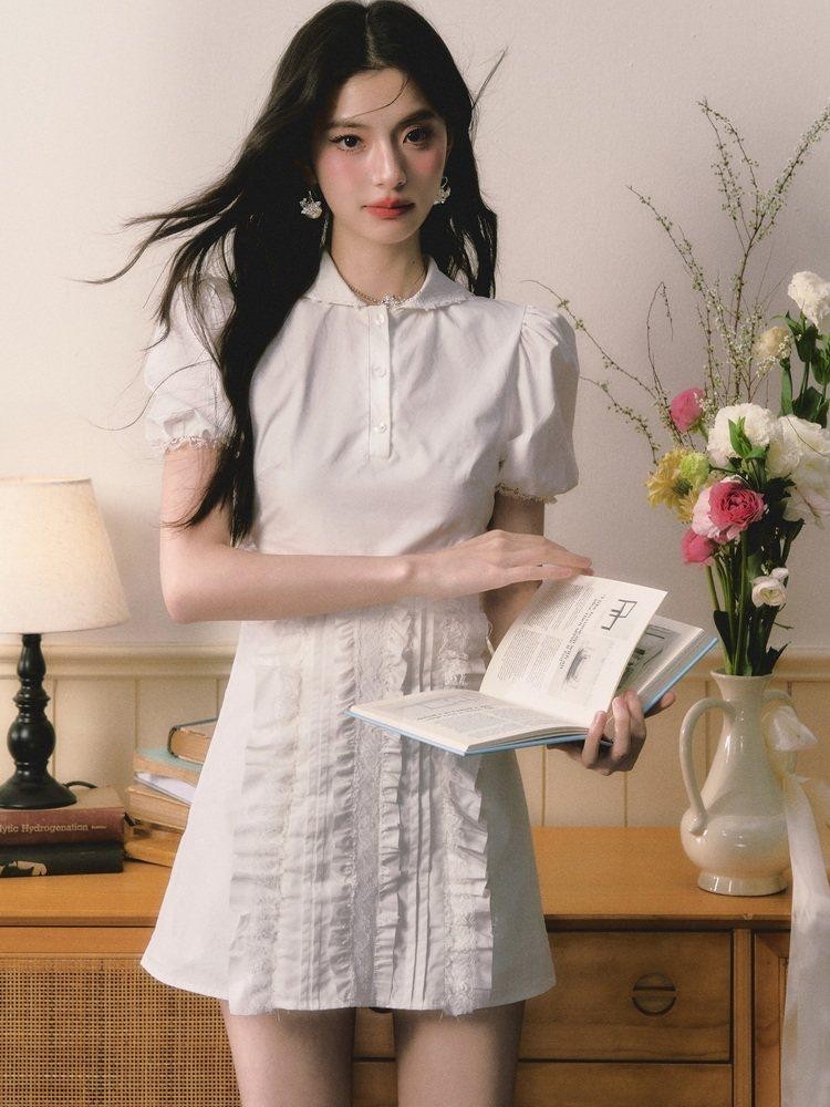 1P STUDIO White Doll Collar Lace Trim Short Sleeve Shirt Women&