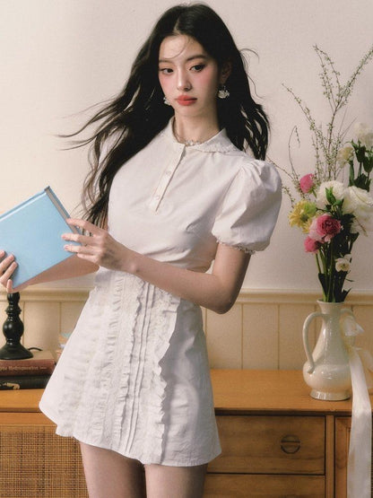 1P STUDIO White Doll Collar Lace Trim Short Sleeve Shirt Women&