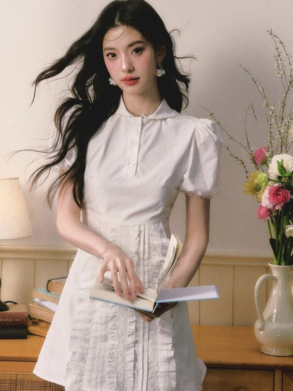 1P STUDIO White Doll Collar Lace Trim Short Sleeve Shirt Women&