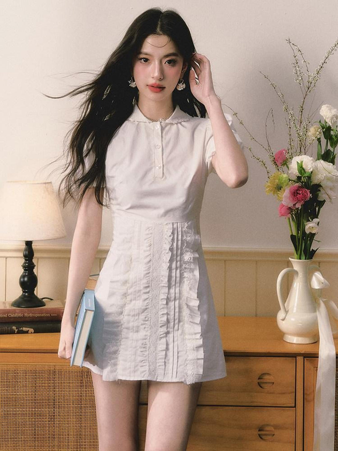 1P STUDIO White Doll Collar Lace Trim Short Sleeve Shirt Women&