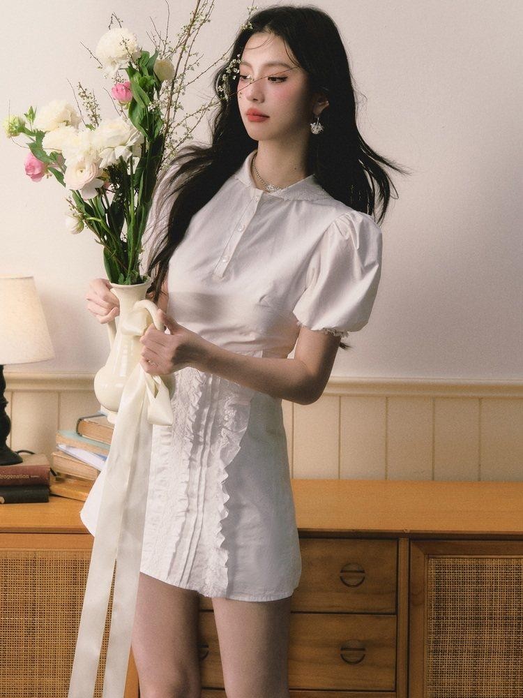 1P STUDIO White Doll Collar Lace Trim Short Sleeve Shirt Women&