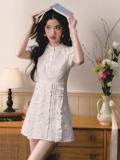 1P STUDIO White Doll Collar Lace Trim Short Sleeve Shirt Women&