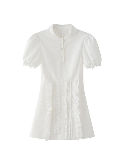 1P STUDIO White Doll Collar Lace Trim Short Sleeve Shirt Women&