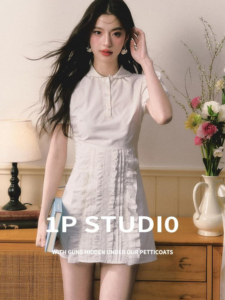 1P STUDIO White Doll Collar Lace Trim Short Sleeve Shirt Women&