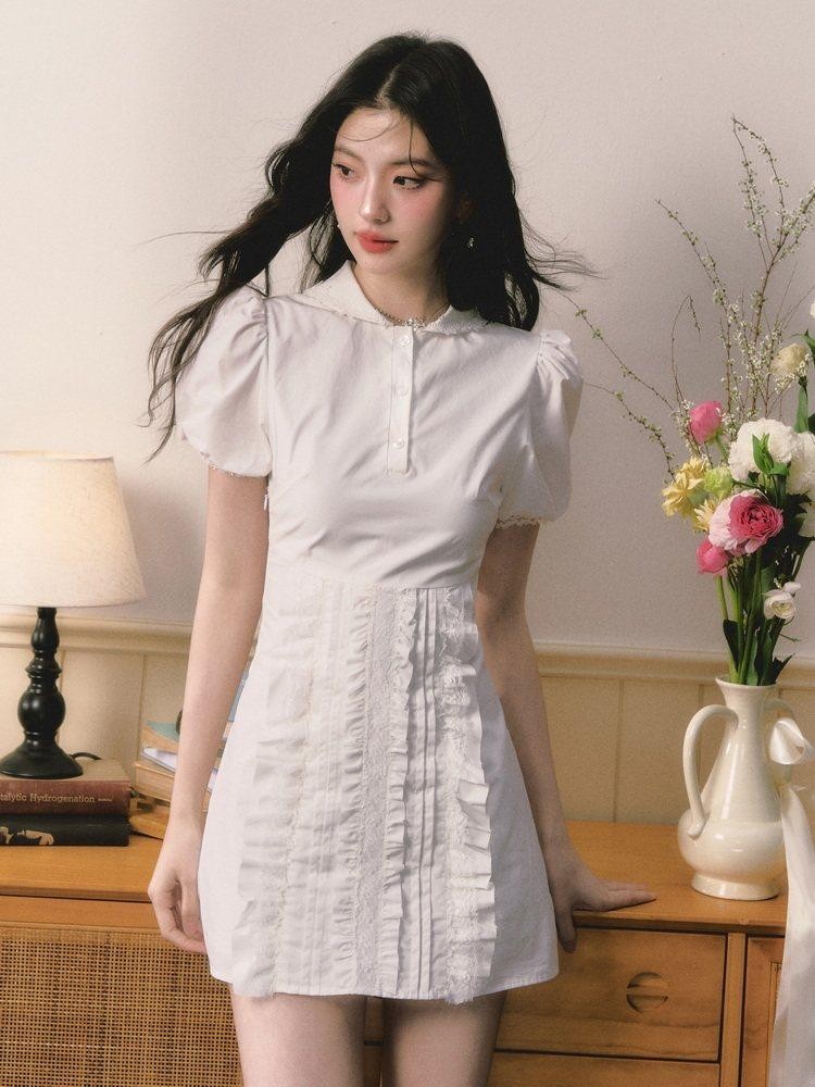 1P STUDIO White Doll Collar Lace Trim Short Sleeve Shirt Women&