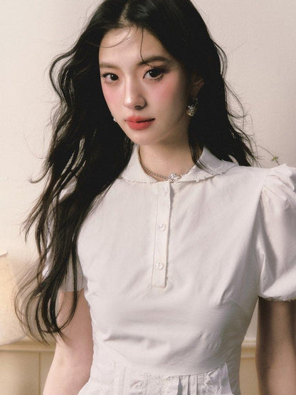 1P STUDIO White Doll Collar Lace Trim Short Sleeve Shirt Women&