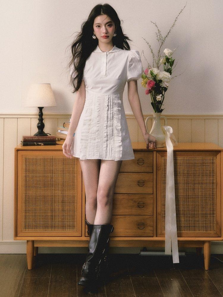 1P STUDIO White Doll Collar Lace Trim Short Sleeve Shirt Women&