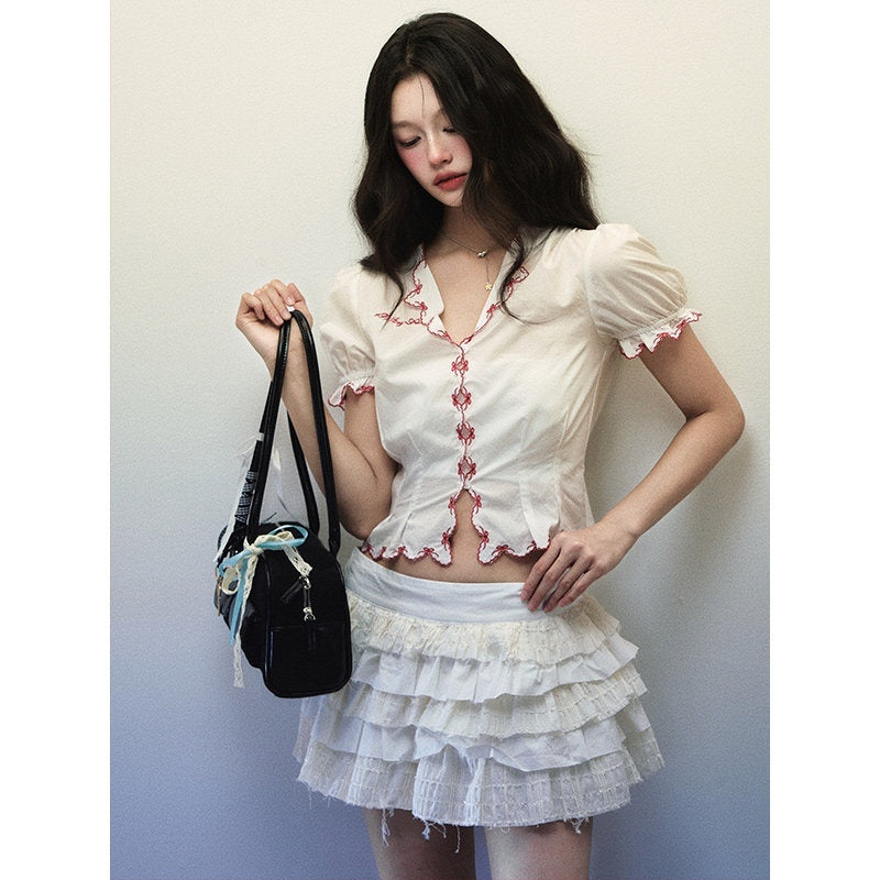 1P_STUDIO_White_Embroidered_Bow_Lace_V-neck_Short_Sleeve_Fitted_Women&