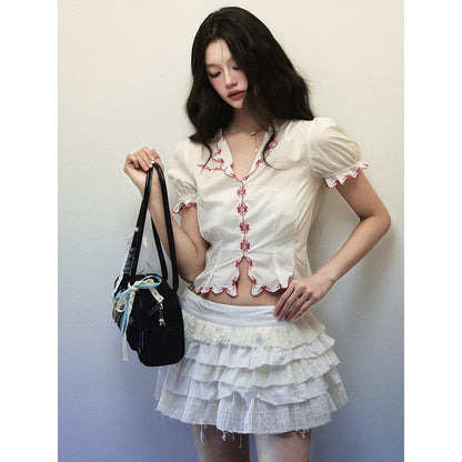 1P_STUDIO_White_Embroidered_Bow_Lace_V-neck_Short_Sleeve_Fitted_Women&