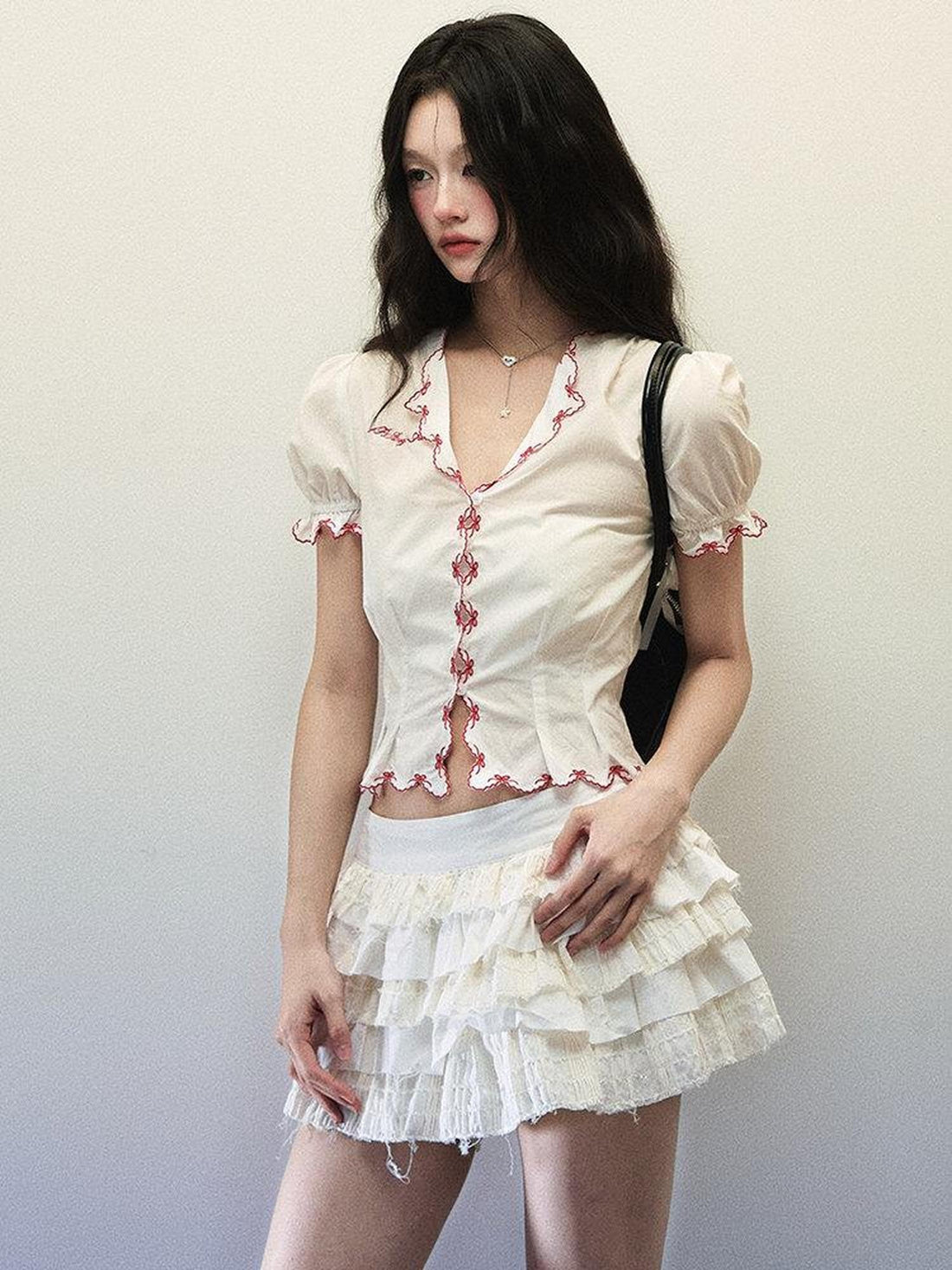 1P STUDIO White Embroidered Bow Lace V-neck Short Sleeve Fitted Women&