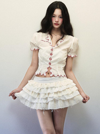 1P STUDIO White Embroidered Bow Lace V-neck Short Sleeve Fitted Women&
