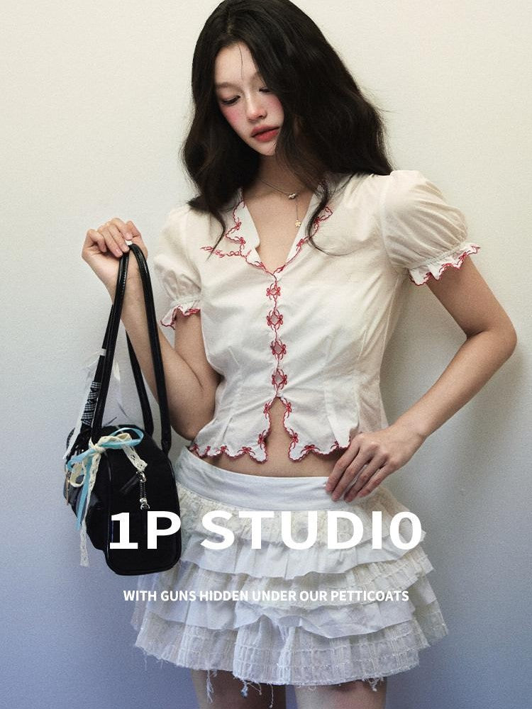 1P STUDIO White Embroidered Bow Lace V-neck Short Sleeve Fitted Women&