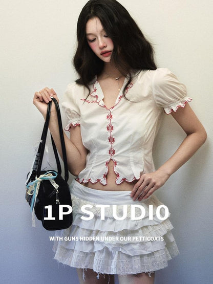 1P STUDIO White Embroidered Bow Lace V-neck Short Sleeve Fitted Women&