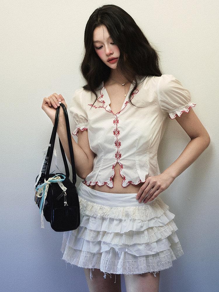1P STUDIO White Embroidered Bow Lace V-neck Short Sleeve Fitted Women&