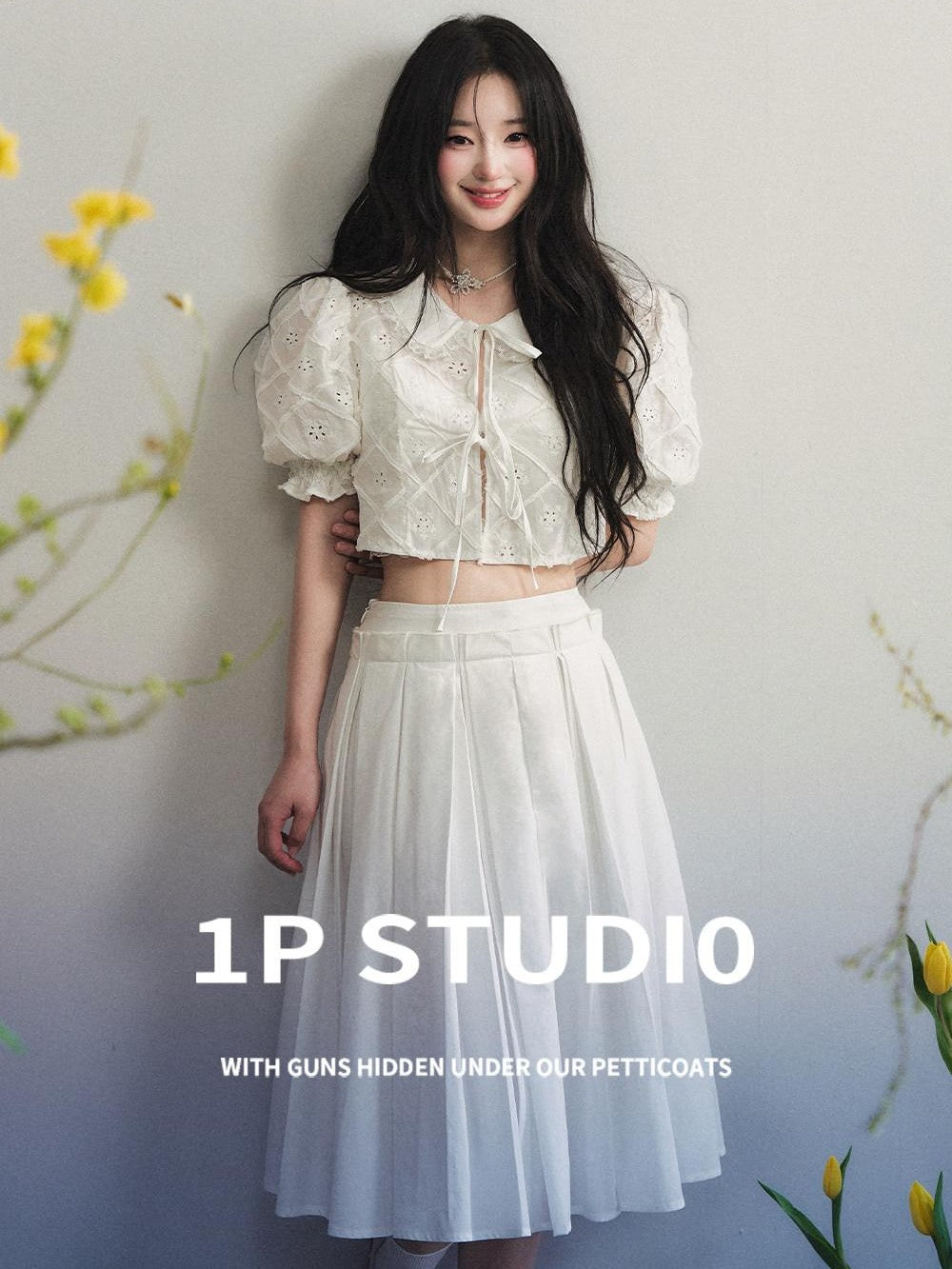 1P STUDIO White Eyelet Embroidered Floral Doll Collar Tie Short Women&