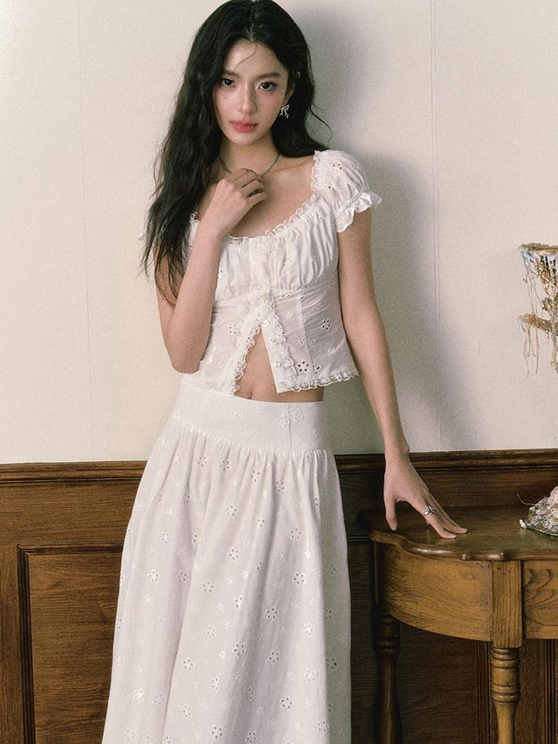 1P STUDIO White Eyelet Embroidered Lace Trim Square Neck Women&