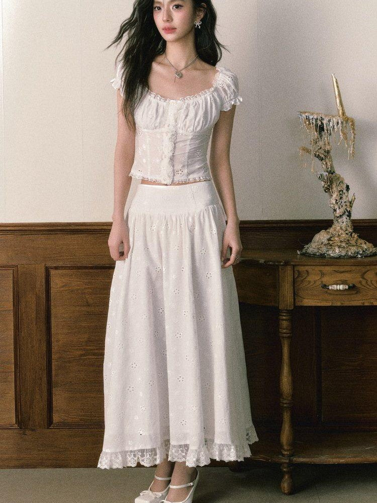 1P STUDIO White Eyelet Embroidered Lace Trim Square Neck Women&